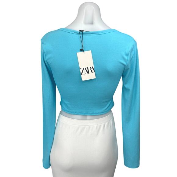 NEW Zara Blue Ribbed Knit Long Sleeve Button Down Crop Cardigan Sweater Top S - Picture 2 of 4